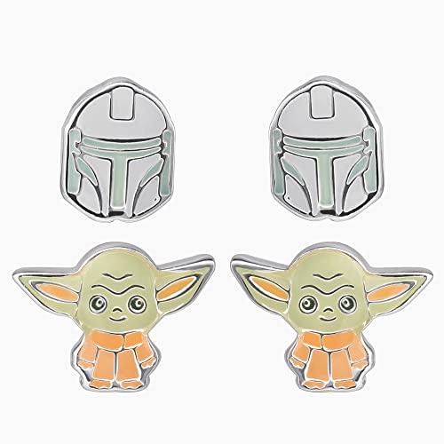 Disney 's Star Wars The Mandalorian The Child & Boba Fett Green, Orange and Grey Enamel Silver Plated Twin Pack Earring Set SF00246SL von Star Wars