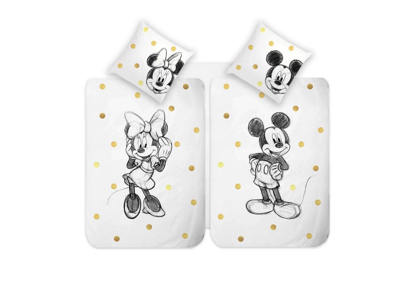 Kinderbettwäsche Disney Home Mickey & Minnie Wendebettwäsche Set - 4 Stück, Disney, 4 teilig, Mit Reißverschluss, 100% Baumwolle von Disney