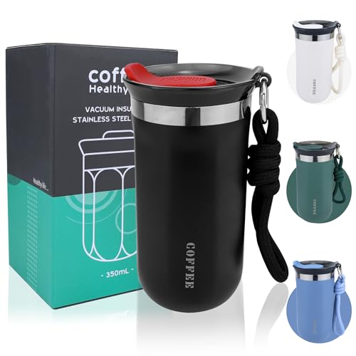 Disoza 340 ml Thermobecher Kaffeebecher to go Thermo Becher mit Deckel Termokaffeebecher Thermotasse Trinkbecher mit Deckel Kaffee to go Kaffeebecher Schwarz Thermobecher Travel Coffee Mug von Disoza