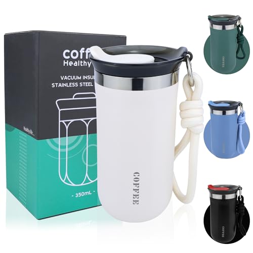 Disoza 340 ml Thermobecher Kaffee to go Kaffeebecher Thermobecher Travel Coffee Mug Kaffeebecher to go Thermo Becher mit Deckel Termokaffeebecher Weiß Thermotasse Trinkbecher mit Deckel von Disoza