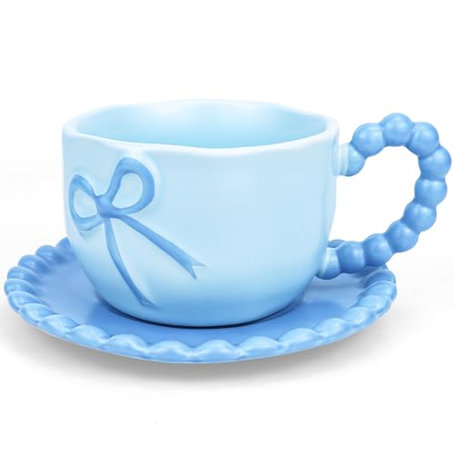 Disoza 350 ML Blau Schleife Kaffeebecher Cute Mug Porzellan Kaffee Tee Tasse Keramik Tasse mit Schleife und Henkel Kaffeetassen Set mit Untertasse von Disoza
