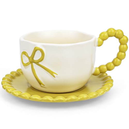 Disoza 350 ML Gelb Schleife Kaffeebecher Cute Mug Porzellan Kaffee Tee Tasse Keramik Tasse mit Schleife und Henkel Kaffeetassen Set mit Untertasse von Disoza