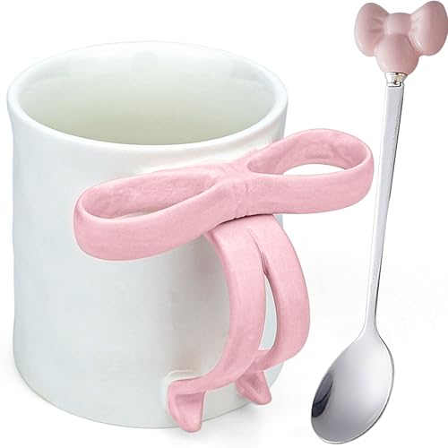 Disoza 350 ML Kaffee Tee Tasse Cute Mug Rosa Schleife Kaffeebecher Keramik Tasse mit Schleife und Henkel Porzellan von Disoza