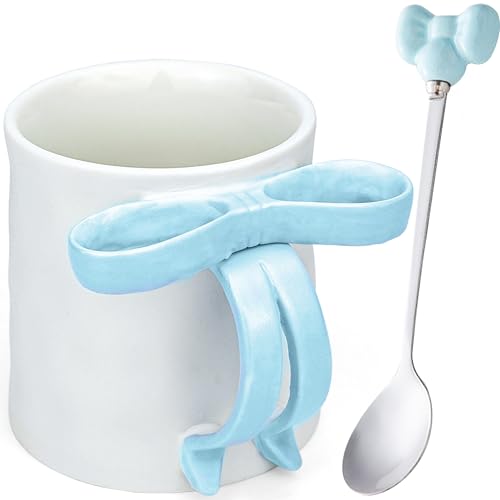 Disoza 350 ML Keramik Tasse mit Schleife und Henkel Porzellan Kaffee Tee Tasse Cute Mug Hellblau Schleife Kaffeebecher von Disoza