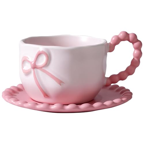 Disoza 350 ML Rosa Schleife Kaffeebecher Porzellan Kaffee Tee Tasse Cute Mug Keramik Tasse mit Schleife und Henkel Kaffeetassen Set mit Untertasse von Disoza