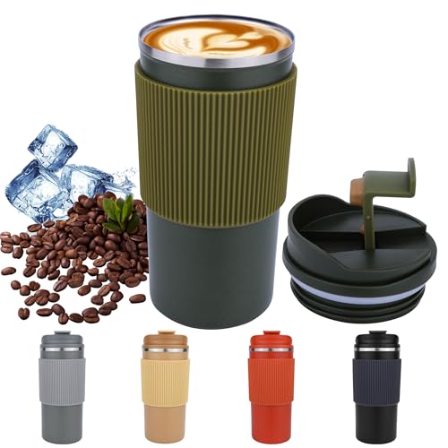 Disoza 480 ml Thermobecher Kaffee to go Kaffeebecher Thermobecher Travel Coffee Mug Kaffeebecher to go Thermo Becher mit Deckel Olivgrün Termokaffeebecher Thermotasse Trinkbecher mit Deckel von Disoza