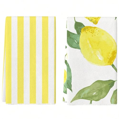 Disoza Gelber & weißer Streifen & große Zitrone Mikrofaser Geschirrtücher 60 * 40 cm Baumwolle Küchentücher Gastronomie,2 St. Haushaltshelfer Trockentücher Küchentuch Handtuch Küchenorganizer von Disoza