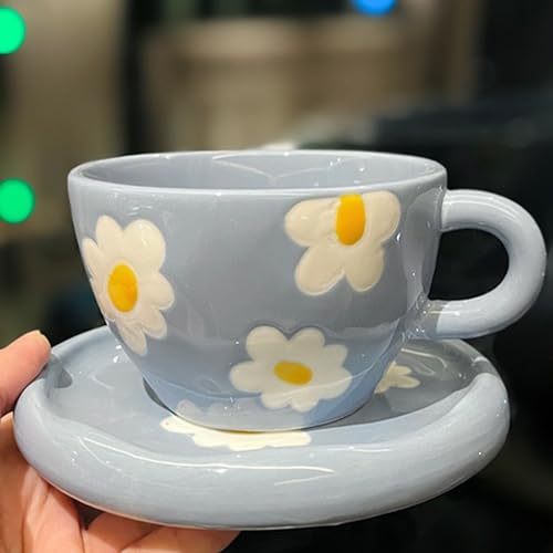 Disoza Kaffeetassen Set mit Untertasse Blau Blumen Tasse Geschenke für Frauen zum Geburtstag Tee Kaffee Becher mit Untertasse 250 ml Keramik Tasse Geburtstagsgeschenk für Frauen Mädchen Mama Freundin von Disoza