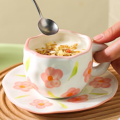 Disoza Kaffeetassen Set mit Untertasse Süße Blumen Tasse Geschenke für Frauen zum Geburtstag Tee Kaffee Becher mit Untertasse 250 ml Keramik Tasse Geburtstagsgeschenk für Frauen Mädchen Mama Freundin von Disoza