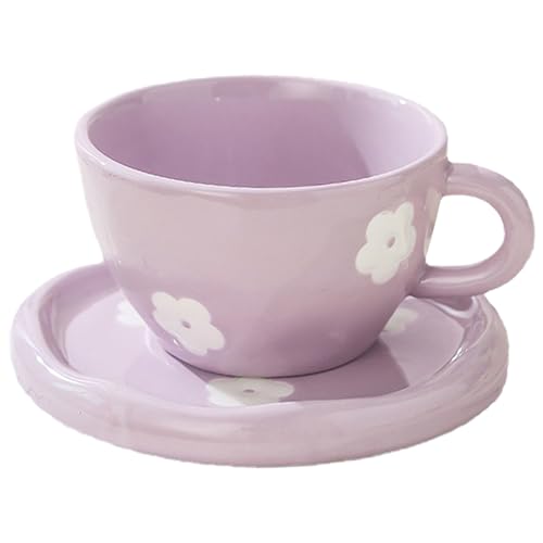 Disoza Kaffeetassen Set mit Untertasse Süße Lila Blumen Tasse Geschenke für Frauen zum Geburtstag Tee Kaffee Becher Untertasse 250 ml Keramik Tasse Geburtstagsgeschenk für Frauen Mädchen Mama Freundin von Disoza