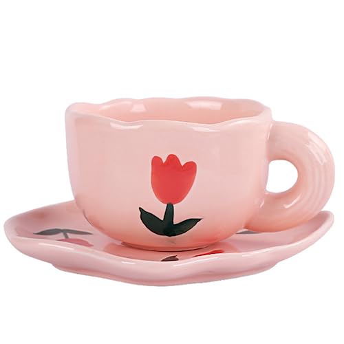 Disoza Kaffeetassen Set mit Untertasse Süße Rosa Tulpe Tasse Geschenke für Frauen zum Geburtstag Tee Kaffee Becher 250 ml Keramik Tasse Geburtstagsgeschenk für Frauen Mädchen Mama Freundin von Disoza