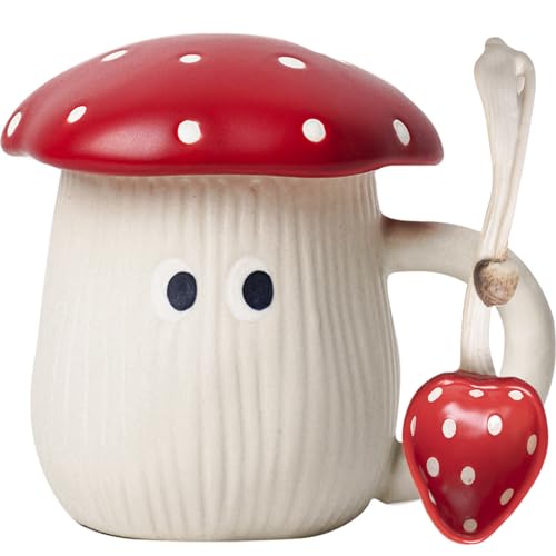 Disoza Pilz Tasse mit Deckel Mushroom Mug 400ml Kaffee Tasse Pilz Geschenk Keramik Teetasse mit Löffel & Untersetzer Tee Kaffee Weihnachten Becher Geburtstagsgeschenk für Frau Freundin Kinder von Disoza