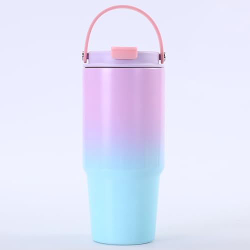 Disoza Thermobecher 30 oz Trinkbecher mit Deckel und Strohhalm 900 ML Kaffeebecher To Go Coffee Becher Blau-Violett Trinkflasche mit Strohhalm Edelstahl Wasserflasche mit Henkel Tumbler Cup von Disoza