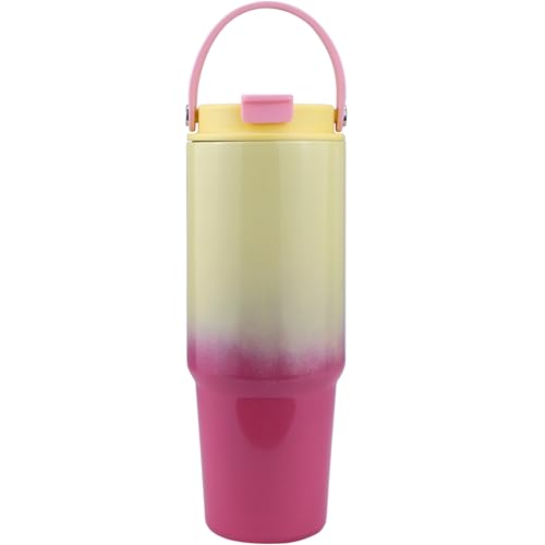 Disoza Thermobecher 30 oz Trinkbecher mit Deckel und Strohhalm 900 ML Kaffeebecher To Go Coffee Becher mit Strohhalm Edelstahl Tumbler Cup Wasserflasche mit Henkel Rot-Gelb Trinkflasche mit Strohhalm von Disoza