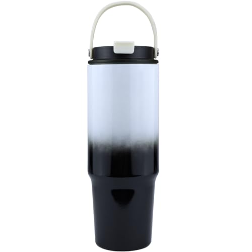 Disoza Thermobecher 30 oz Trinkbecher mit Deckel und Strohhalm Schwarz-Weiß Trinkflasche mit Strohhalm Edelstahl Tumbler Wasserflasche mit Henkel 900 ML Kaffeebecher To Go Coffee Becher mit Strohhalm von Disoza