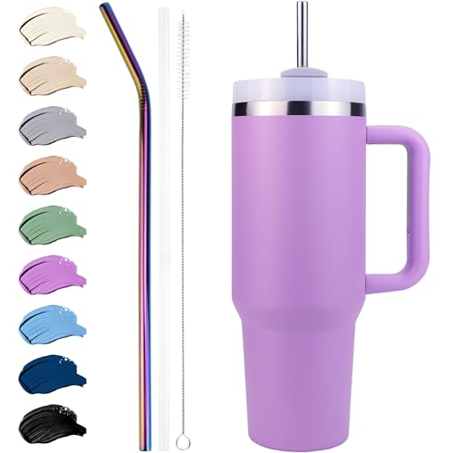 Disoza Thermobecher 40 oz Trinkbecher mit Deckel und Strohhalm 1.2 L Kaffeebecher To Go Coffee Becher mit Strohhalm Edelstahl Tumbler Cup Violett Trinkflasche mit Strohhalm Wasserflasche mit Henkel von Disoza