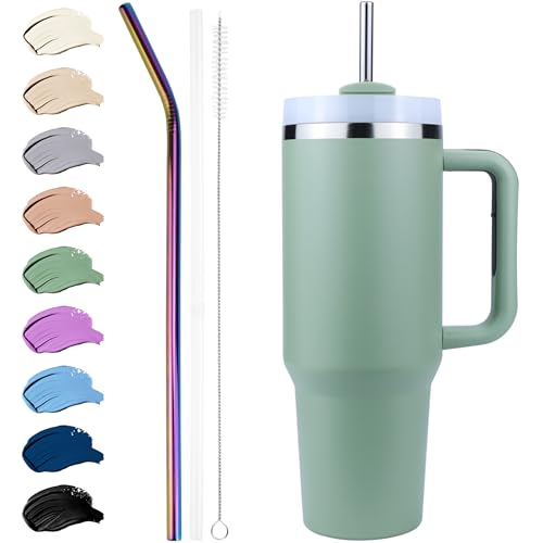 Disoza Thermobecher mit Strohhalm 40 oz Grün Trinkbecher mit Deckel und Strohhalm 1.2 L Kaffeebecher To Go Coffee Becher mit Strohhalm Tumbler Cup Trinkflasche mit Strohhalm Wasserflasche mit Henkel von Disoza