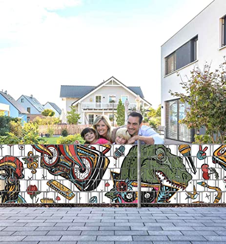 Displayhersteller MyMaxxi Zaunsichtschutz - Dino Graffiti - Sichtschutzstreifen für Doppelstabmattenzaun - Windschutz Sonnenschutz Blickdicht - Sichtschutz Garten Teil1 + Teil2-5 Streifen - 500x100cm von Displayhersteller
