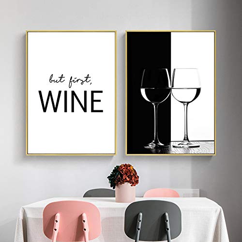 Dittelle But First Wine Zitat Bar Wandbild Schwarz Weiß Küche Poster und Drucke Leinwand Gemälde Moderne Restaurant Getränke Wanddekoration 40x60cmx2Pcs Frameless von Dittelle