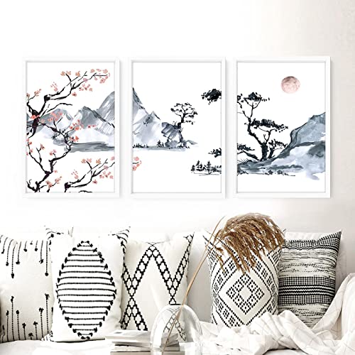 Dittelle Japandi Stil Landschaft Poster Blumen Kirschblüte Leinwand Gemälde Drucke Wandkunst Bilder Für Wohnzimmer Wohnkultur 40x50cm-3Pieces Frameless von Dittelle