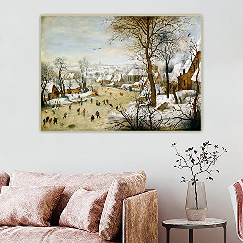 Dittelle Pieter Bruegel II „Winterlandschaft mit Schlittschuhläufern und Vogelfalle“, Leinwand-Ölgemälde, Bild, Heimdekoration, Leinwanddruck, 70 x 100 cm, rahmenlos von Dittelle