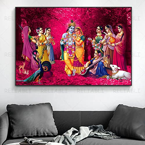 Dittelle Radha Krishna Leinwand Gemälde Wandkunst Hindu Vishnu Poster Abstrakt Blau Indien Poster für Wohnzimmer Wohnkultur 23.6"x 35.4"(60x90cm) Kein Rahmen von Dittelle