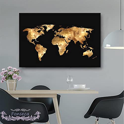 Dittelle Schwarz Gold Vintage Weltkarte Leinwand Poster Wandkunst Bild für Wohnzimmer 19.6"x 27.5" (50x70cm) Ungerahmt von Dittelle