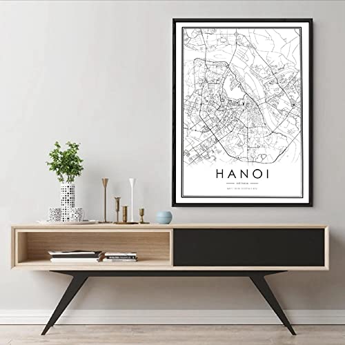 HANOI Stadtplan Drucke Vietnam Schwarz Weiß Karte Leinwand Poster Moderne Wandkunst Bild HANOI Dekoration Malerei19,6 "x 27,5" (50 x 70 cm) Kein Rahmen von Dittelle