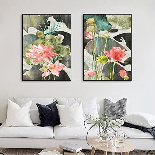 Japanische rosa Blume Leinwand Gemälde Green Leaf Poster Seeblick Wandbild Dekor Wohnzimmer Nordic Buddha Lotus Print19.6"x 27.5"(50x70cm)x2 Kein Rahmen von Dittelle