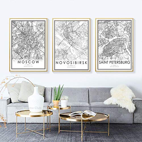 Moskau Stadtplan Poster St. Petersburg und Nowosibirsk Karte Kunstdruck Russland Karte Leinwand Malerei Home Wall Decor19,6 "x 27,5" (50 x 70 cm) x 3 Kein Rahmen von Dittelle