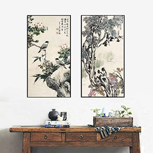 Traditionelles chinesisches Gemälde auf Leinwand, Blumen, Tiere, für Schlafzimmer, Wandkunst, Bild, Poster und Druck, Heimdekoration, 19,6 "x 39,4" (50 x 100 cm) x 2, kein Rahmen von Dittelle