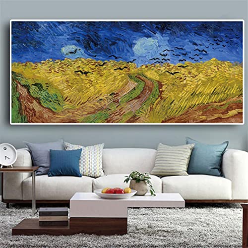 Van Gogh Weizenfeld unter bedrohlichem Himmel Bilder Ölgemälde Leinwand Poster Druck Wandbild für Wohnzimmer Leinwand 70x140cm rahmenlos von Dittelle