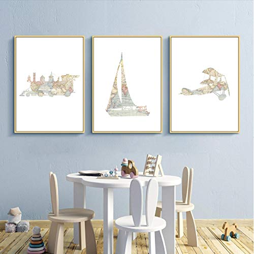 Weltkarte Druck Abenteuerreisen Kinderzimmer Wandkunst Leinwand Poster Zug Flugzeug Kunst Malerei Kinderzimmer Dekor40 x 60 cm x 3 Kein Rahmen von Dittelle