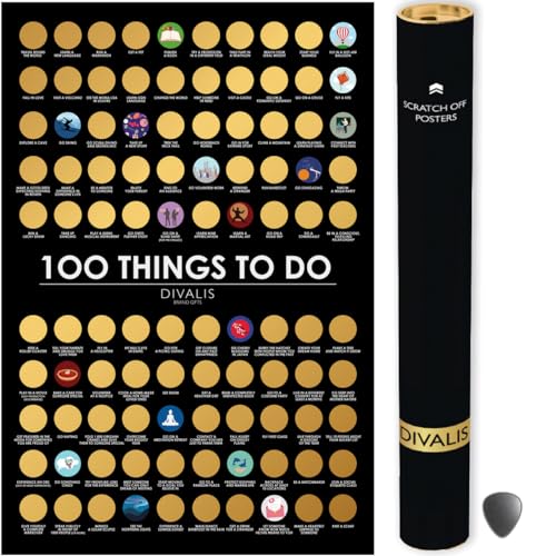 Rubbel Poster 100 Dinge zu tun mit allen Zubehörteilen - Rubbelposter der besten Dinge zu tun - Motivationen Poster zum Freirubbeln 100 Bucket List - Scratch off Poster 100 Things to Do von Divalis