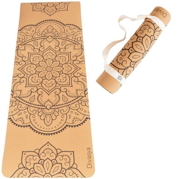 Divasya Leichte Kork Yogamatte | rutschfest & nachhaltig | in 4 Yoga-Designs | mit Tragegurt von Divasya