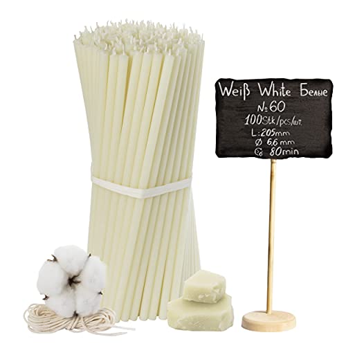 №60-100 Stk. Weiße Bienenwachskerzen-Kollektion: Traditionelle Stab- und Haushaltskerzen, Ritualkerzen sowie farbige Wachskerzen ein Set für Rituale L-20,5 cm Ø-6,6 mm, 80 Min Brenndauer von Diveevo