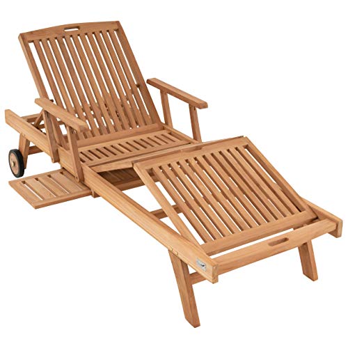 Divero Sonnenliege Garten Relax - Liege Teak - Holz inkl. Räder Tablett – Lehne & Fußteil mehrfach verstellbar – unbehandelt Natur behandelt (wählbar) (Braun) von Divero