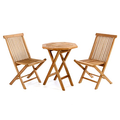 Divero 3 TLG. Balkonset Klappstuhl Tisch rund Ø 60cm Teakholz Garten-Set Sitzgarnitur (Teak behandelt) von Divero