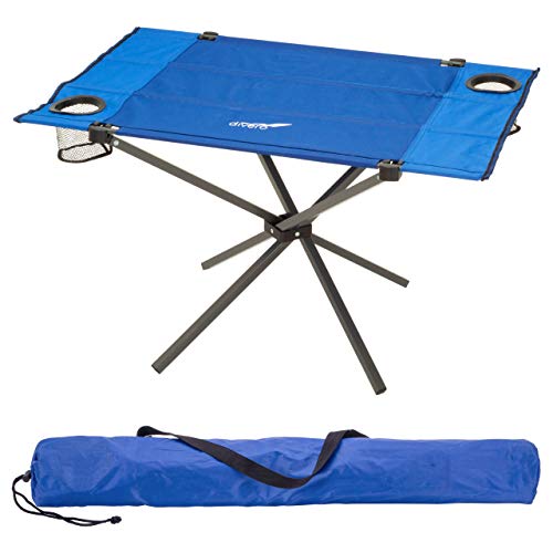 Divero Campingtisch Falt-Tisch faltbar mit Getränkehalter und Transport-Tasche – Polyester Aluminium – Farbe: Rahmen hellgrau - Bespannung blau von Divero
