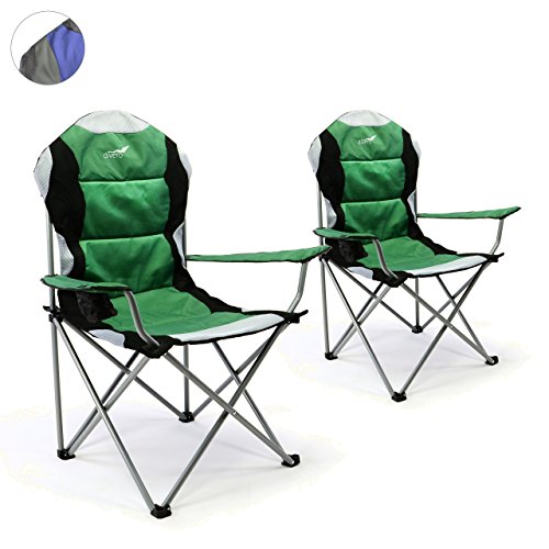 Divero Deluxe Faltstuhl 2er Set Armlehne grün schwarz Getränkehalter Tragetasche 90x62x108 cm bis 130 kg 600D Oxford Beschichtung Campingstuhl Angelstuhl Stahlrahmen 19mm extra breit gepolstert von Divero