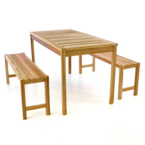 Divero Garten- & Picknick-Set Sitzgruppe Gartenmöbel-Garnitur 3-teilig 1 Tisch 2 Bänke behandelte unbehandelte Oberfläche Teak-Holz massiv 135 cm wählbar (135 cm, Teak Natur) (Teak Natur) von Divero