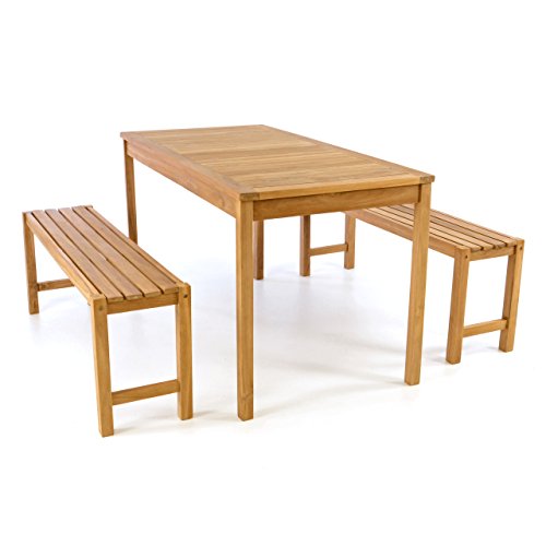 Divero Garten- & Picknick-Set Sitzgruppe Gartenmöbel-Garnitur 3-teilig 1 Tisch 2 Bänke behandelte unbehandelte Oberfläche Teak-Holz massiv 135 cm wählbar (135 cm, Teak Natur) (braun) von Divero