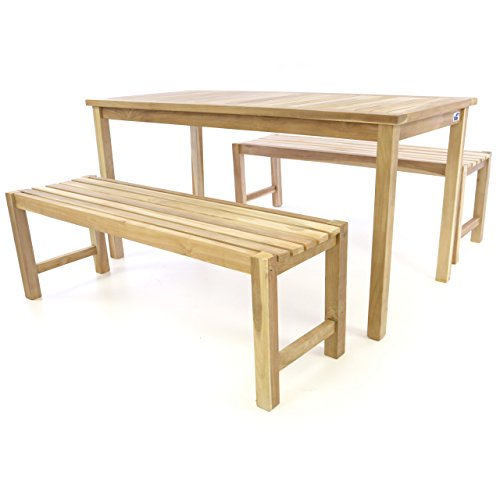 Divero Garten- & Picknick-Set Sitzgruppe Gartenmöbel-Garnitur 3-teilig 1 Tisch 2 Bänke behandelte unbehandelte Oberfläche Teak-Holz massiv 150 135 cm wählbar (150 cm, Teak Natur) von Divero