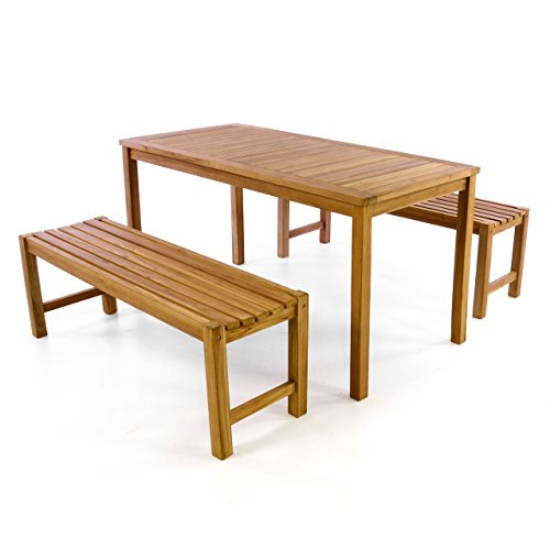 Divero Garten- & Picknick-Set Sitzgruppe Gartenmöbel-Garnitur 3-teilig 1 Tisch 2 Bänke behandelte unbehandelte Oberfläche Teak-Holz massiv 150 135 cm wählbar (150 cm, braun) von Divero