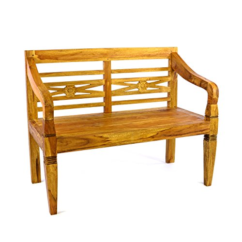 Divero Gartenbank 2-Sitzer 115 cm aus Teak-Holz Natur massiv stabil standfest Handarbeit mit Schnitzereien lasiert Bank für Terrasse Garten Balkon von Divero