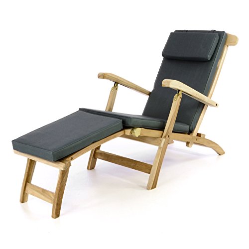 Divero eleganter Deckchair Florentine Liegestuhl Steamer Chair Teakholz unbehandelt inkl. Liegenauflage mit Kopfteil anthrazit wasserabweisend von Divero