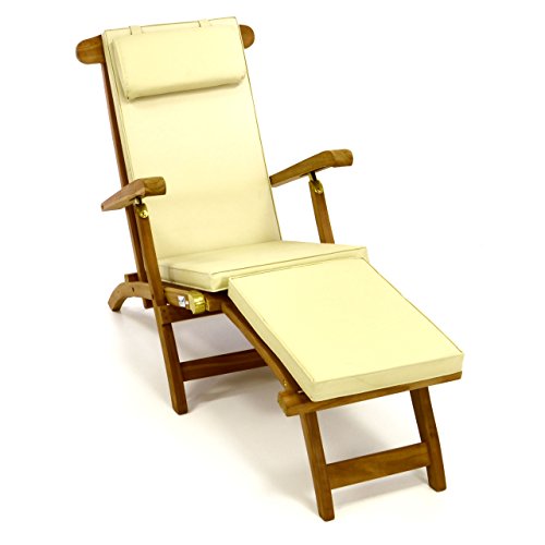 Divero eleganter Deckchair Florentine Liegestuhl Steamer Chair Teakholz behandelt inkl. Liegenauflage mit Kopfteil Creme wasserabweisend von Divero