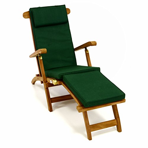 Divero Liegestuhl eleganter Deckchair Florentine Steamer Chair Teakholz Liegenauflage mit Kopfteil mit 4 Segmenten wasserabweisend Bezug abnehmbar mit Reißverschluss (dunkelgrün) von Divero