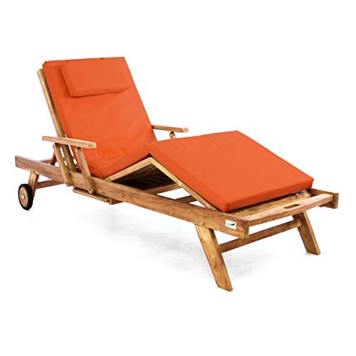 Divero Sonnenliege Holzliege Gartenliege Teak-Holz behandelt mehrfach verstellbar inkl. Räder Tablett + Liegen-Auflage 4-teilig wasserabweisend orange von Divero