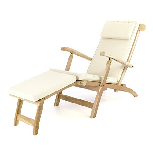 Divero eleganter Deckchair Florentine Liegestuhl Steamer Chair Teakholz unbehandelt inkl. Liegenauflage mit Kopfteil Creme wasserabweisend von Divero